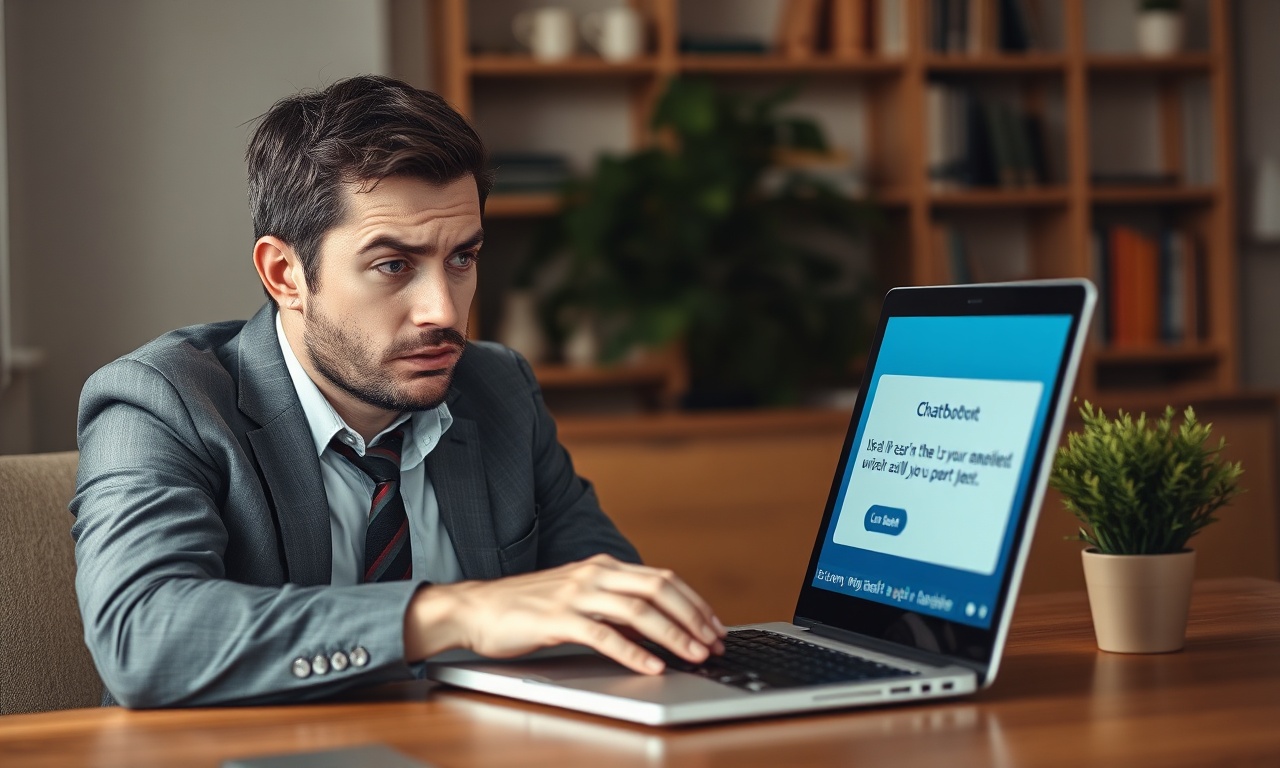 Alt text: Majitel firmy frustrovaný chybami AI chatbota na obrazovce notebooku