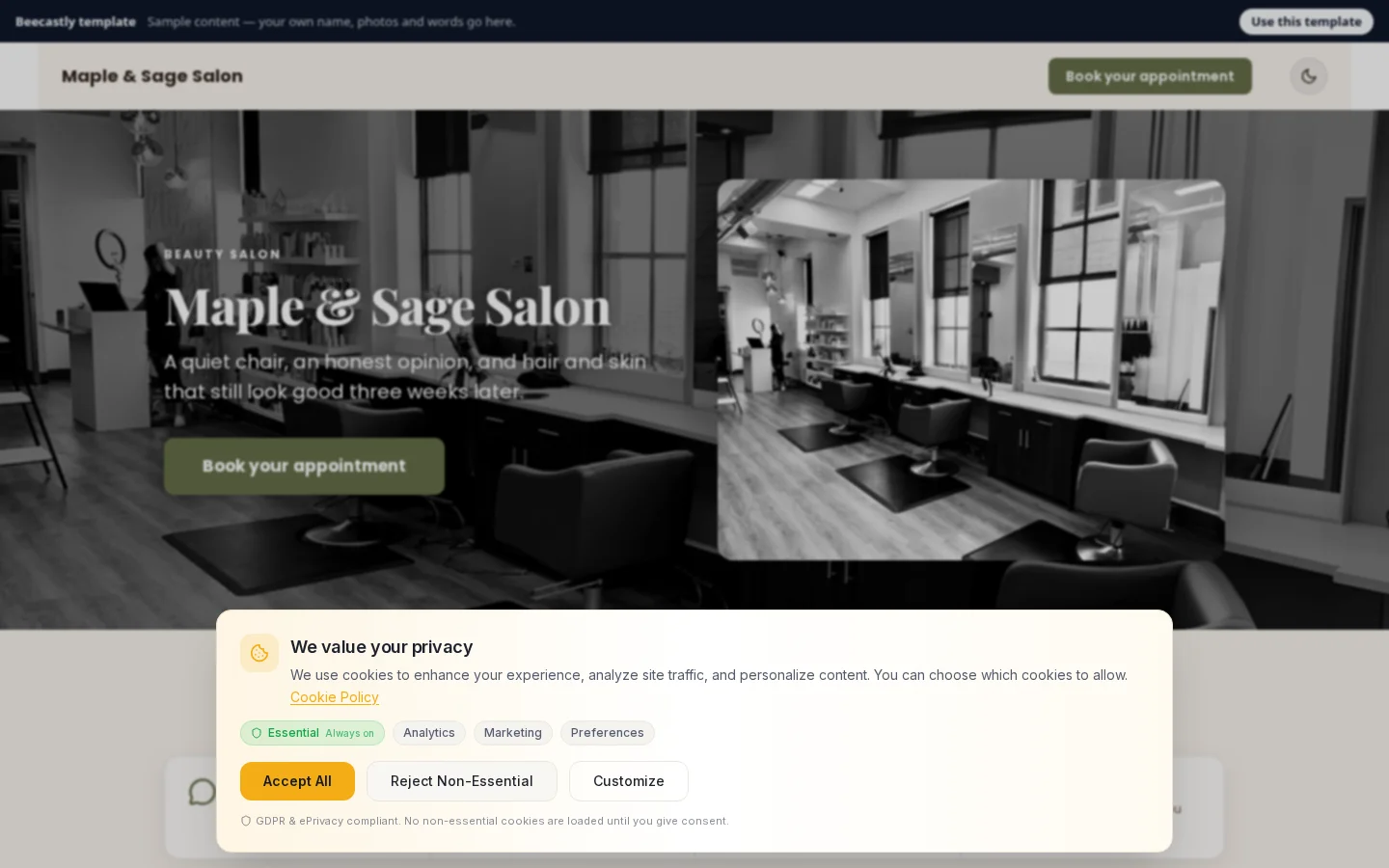 Booking page — Maple & Sage Salon — ukázkový obsah