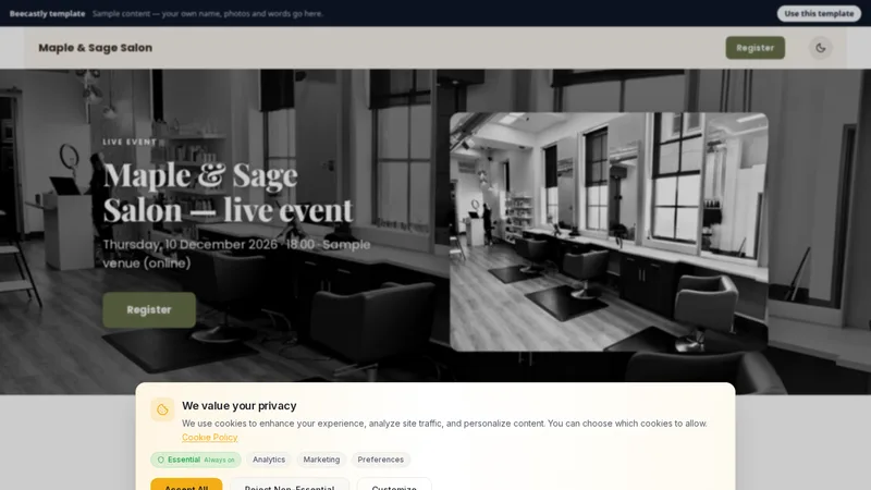Event page — Maple & Sage Salon — 샘플 콘텐츠