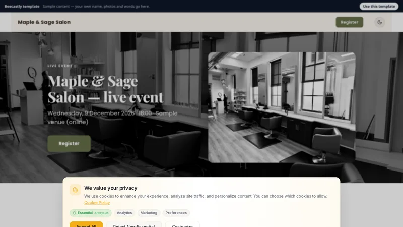 Event page — Maple & Sage Salon — konten contoh