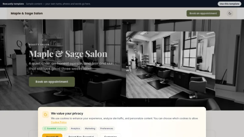 Lead capture page — Maple & Sage Salon — konten contoh