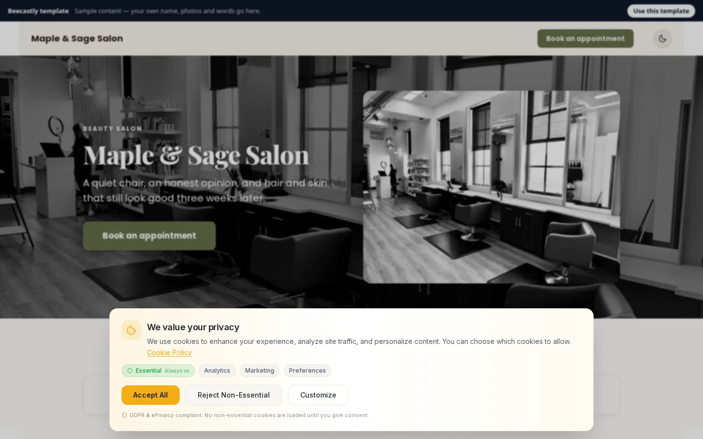 Lead capture page — Maple & Sage Salon — contenuti di esempio