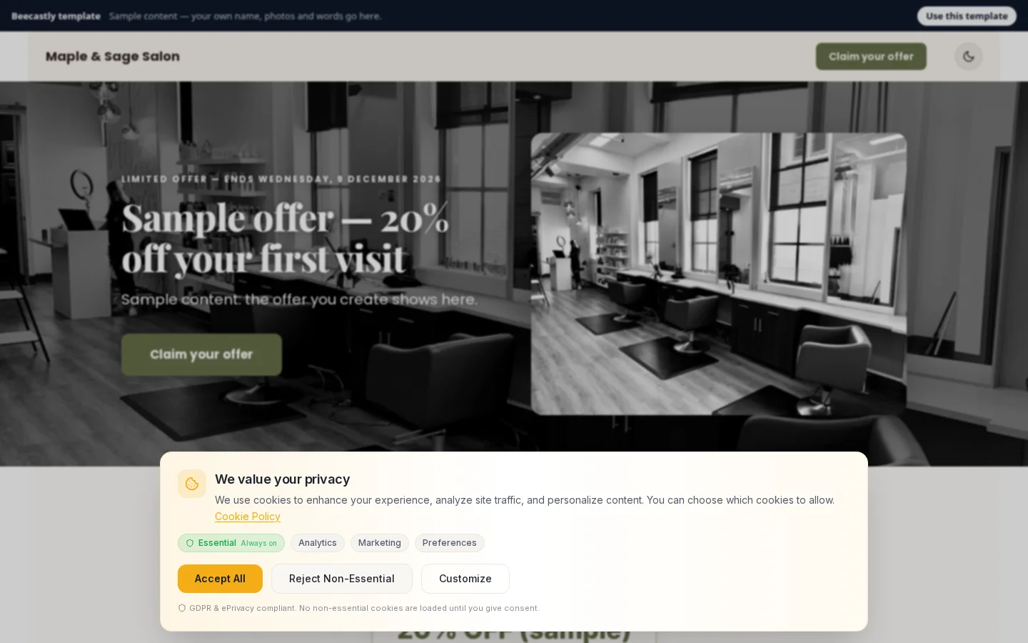 Offer page — Maple & Sage Salon — conteúdo de exemplo